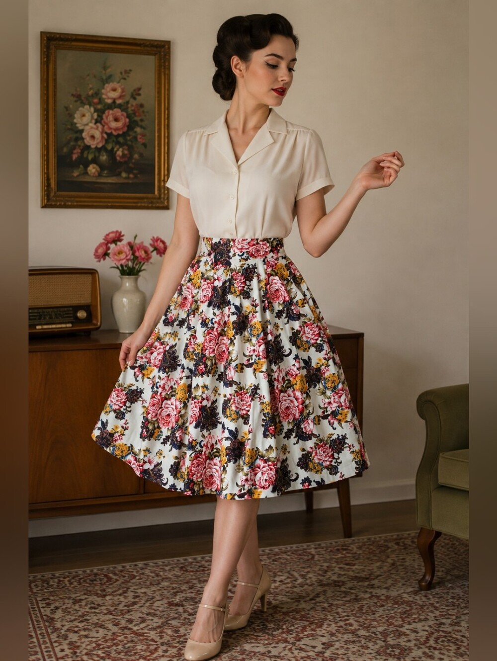 Modcloth Skirt Floral Pink Thick Cotton Fully Lined Size Large